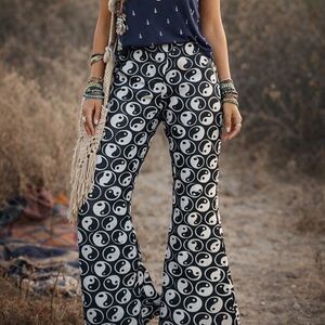 SO Peace Hippie Knit Flare Pants with a yin-yang pattern medium
